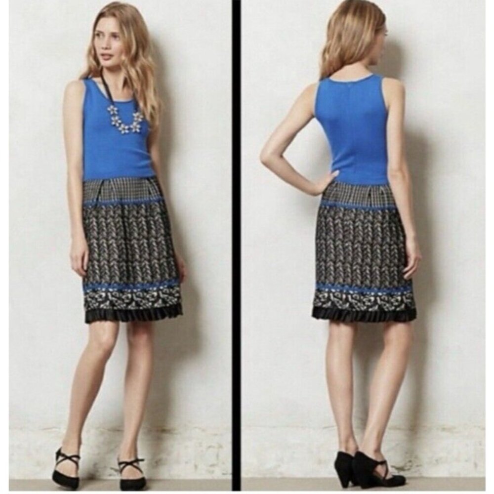 Anthropologie Girls From Savoy Dress S Small Stretch Blue Black Ivory Wool